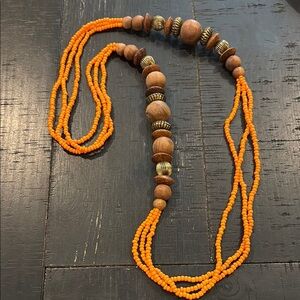 Vintage Boho Orange Seed Beaded Necklace Wooden Accents Wood Long